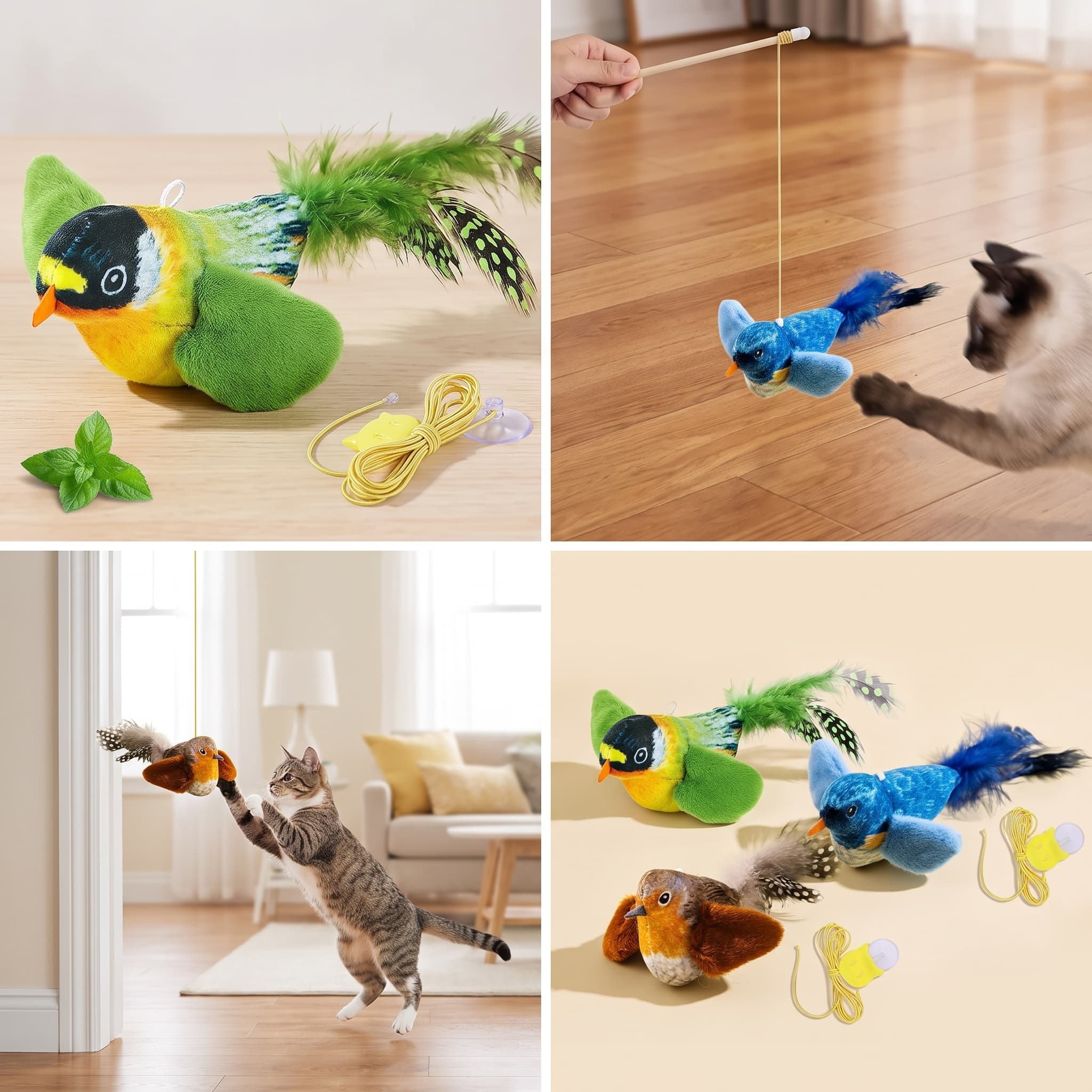 Zwitscherndes Plüschvogel-Katzenspielzeug an elastischer Schnur
