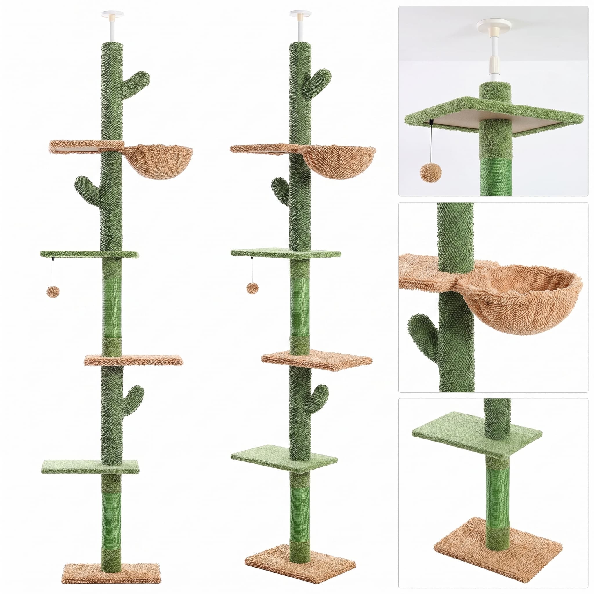 5-stöckiger deckenhoher Kaktus-Kratzbaum mit verstellbarem Deckenspanner