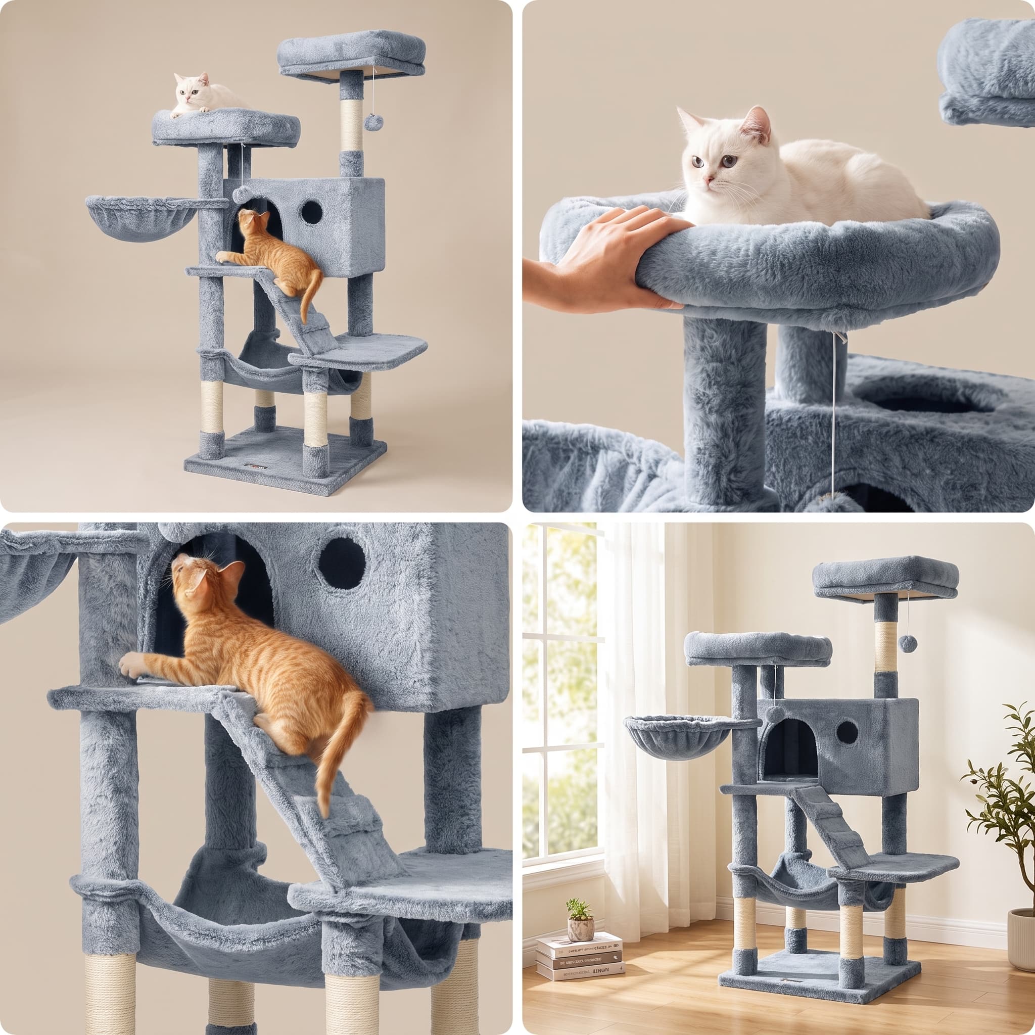 Multi-Level 135cm Plush Cat Tree Tower with Hammock