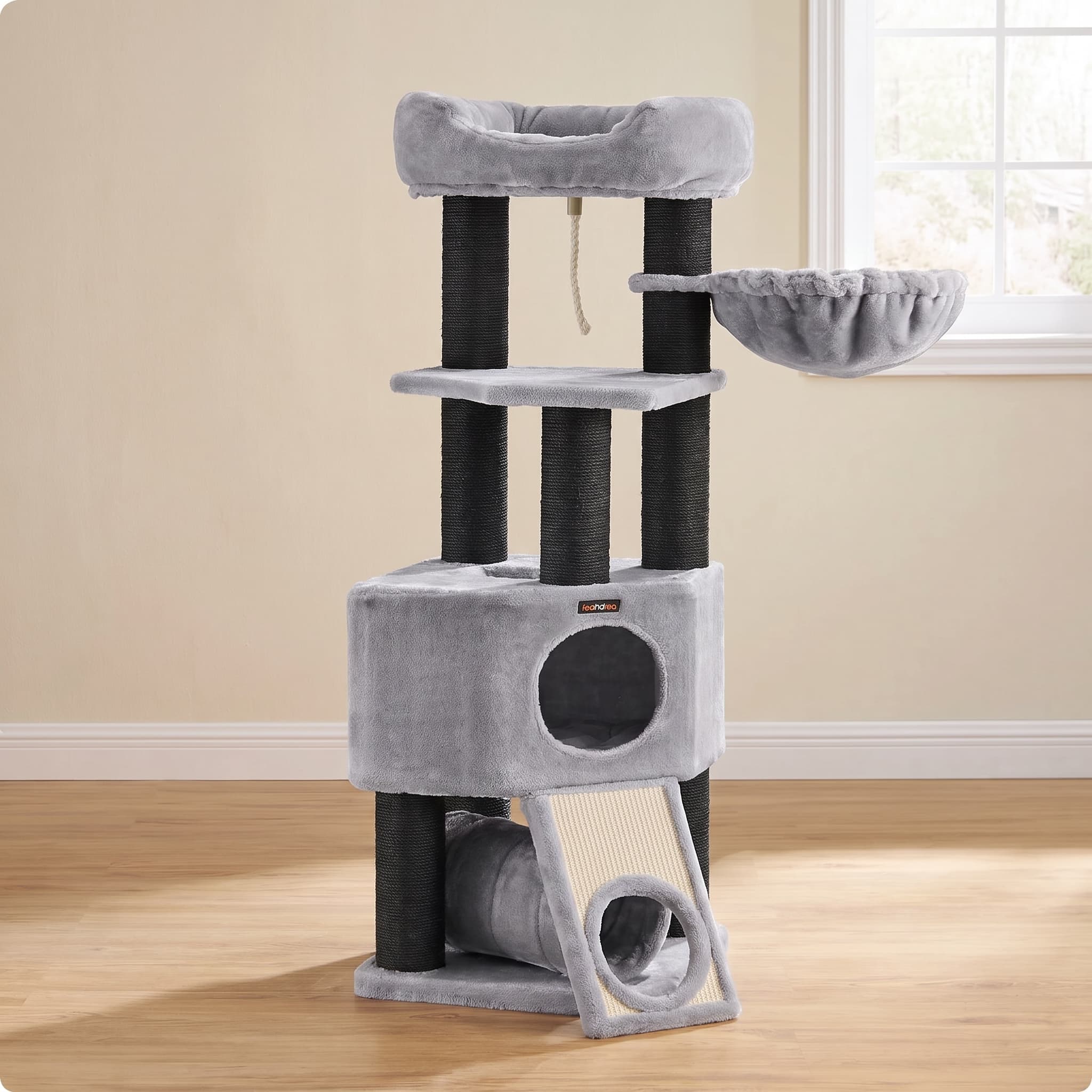 FEANDREA Heavy-Duty 141cm Multi-Level Cat Tree with Hammock & Cave